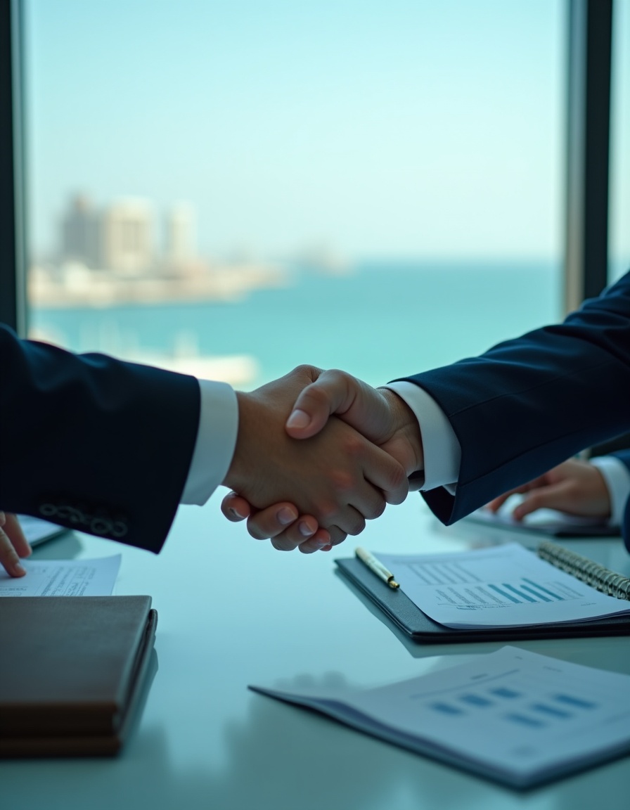Two business partners shaking hands at a port office
